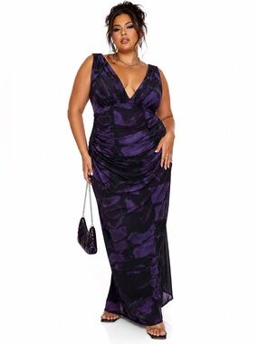 ASOS Curve Plunge Sheer Ruched Maxi Dress Cowl Back Purple Black Snake Print 18